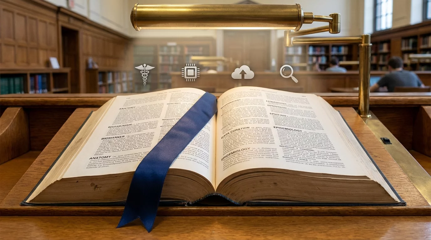 Dictionnaire ouvert avec icones sante et numerique