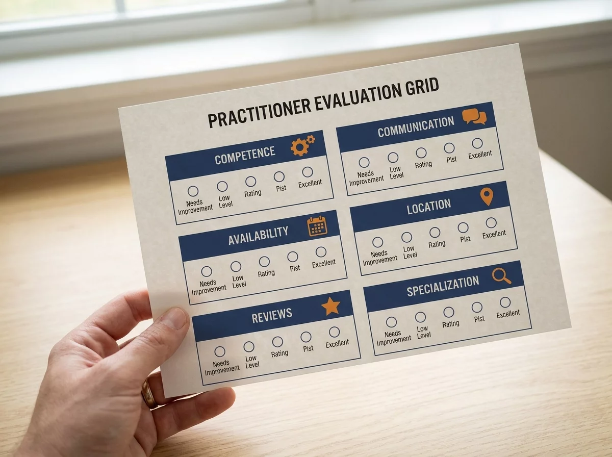 Grille evaluation praticien avec 6 criteres illustres
