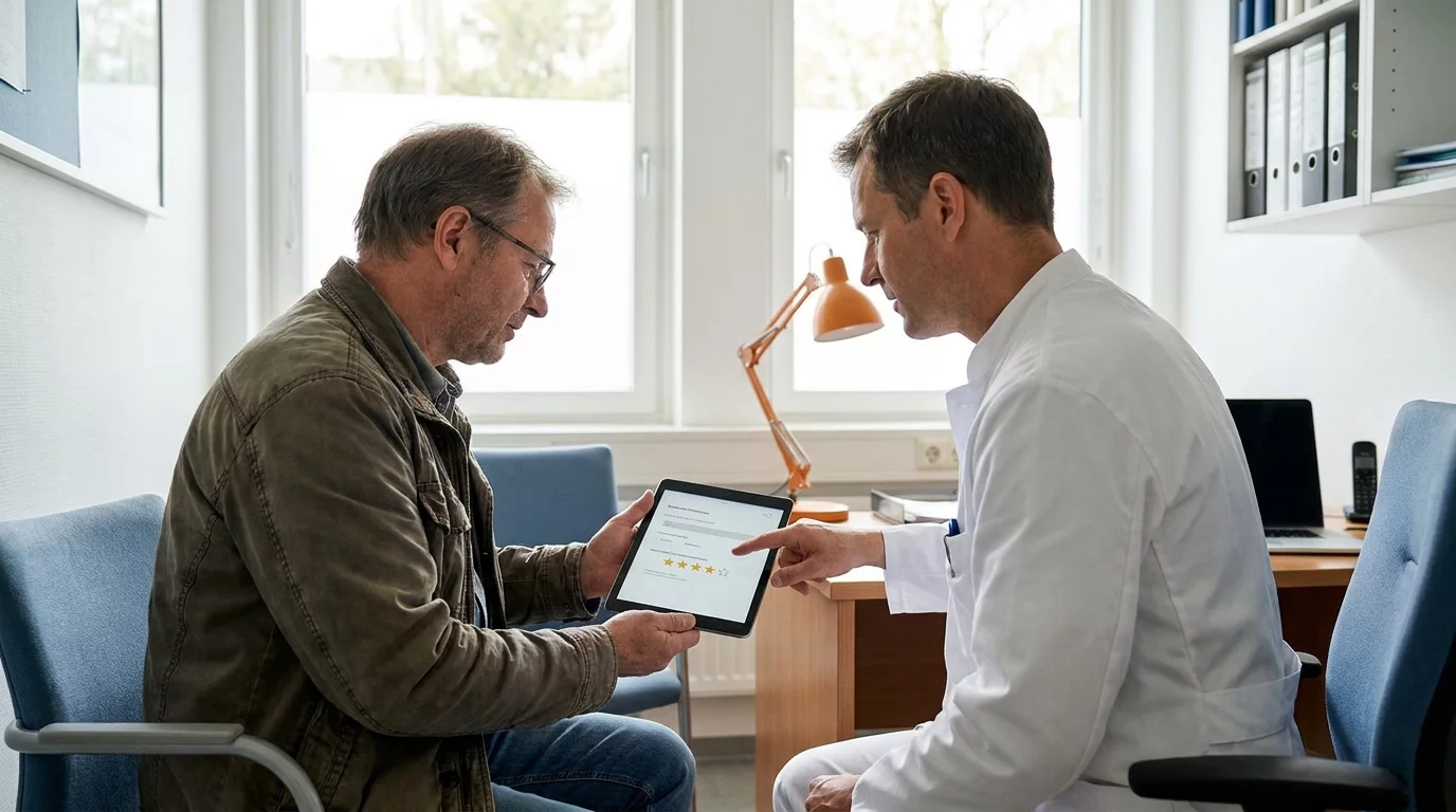 Patient consultant des avis medicaux sur tablette avec professionnel de sante